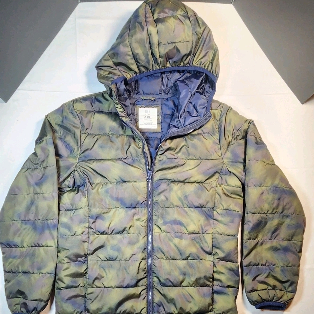 GAP Kid's Hooded Puffer Jacket Youth Size XXL Camo Green Full Zip